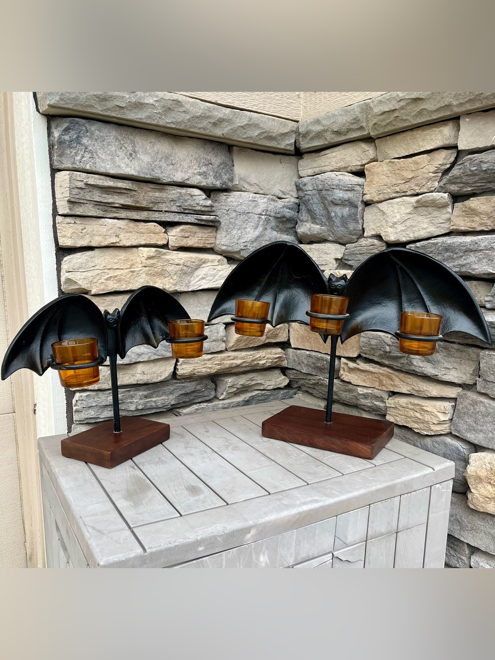 Duo of Black Bat Metal & Wood Tea Light/Votive Candle Holders with Amber Glass
